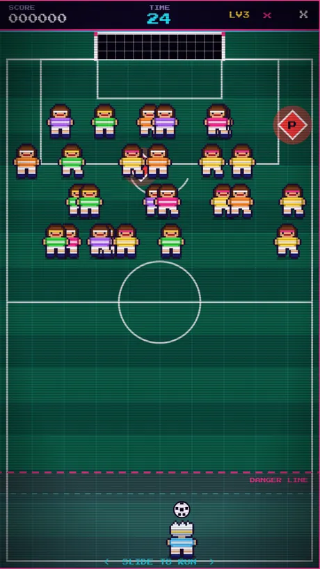 Stage 3 in play: a ball flying through a pitch full of defenders