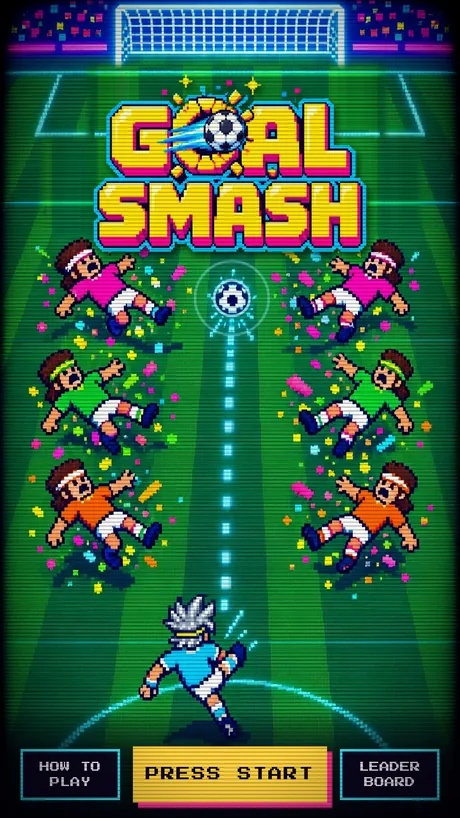 GOAL SMASH title screen with a striker and defenders in pixel art
